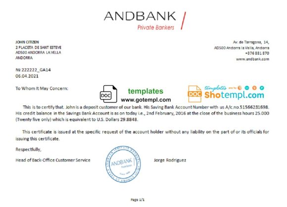 editable template, Andorra Andbank account reference letter template in Word and PDF format