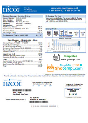 USA Illinois Nicor gas utility bill template in Word and PDF format