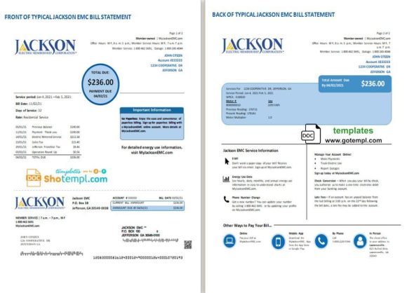editable template, USA Georgia JACKSON EMC utility bill template in Word and PDF format (2 pages)