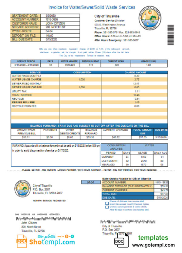editable template, USA City of Titusville Florida utility bill template in Word and PDF format (.doc and .pdf)