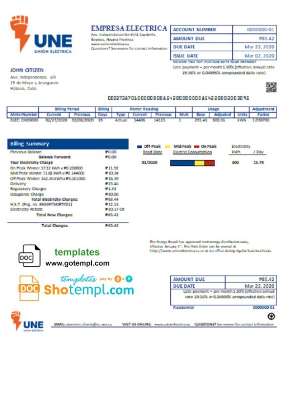 editable template, Cuba Empresa Electrica utility bill template in Word and PDF format