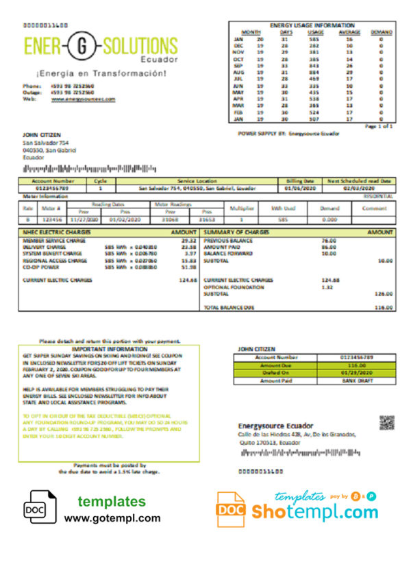 editable template, Ecuador Energysource Ecuador energy utility bill template in Word and PDF format