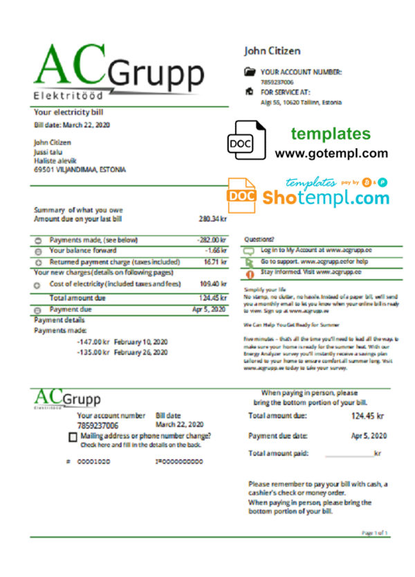 editable template, Estonia AC Grupp OÜ electricity utility bill template in Word and PDF format