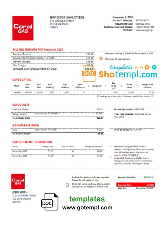 editable template, Greece CORAL GAS utility bill template in Word and PDF format