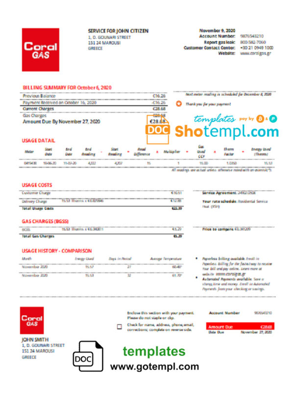 editable template, Greece CORAL GAS utility bill template in Word and PDF format
