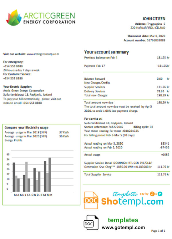 editable template, Iceland Arctic Green Energy Corporation electricity utility bill template in Word and PDF
