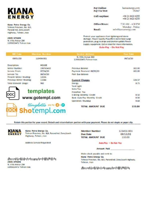 editable template, Iran Kiana Petro Energy Co utility bill template in Word and PDF format