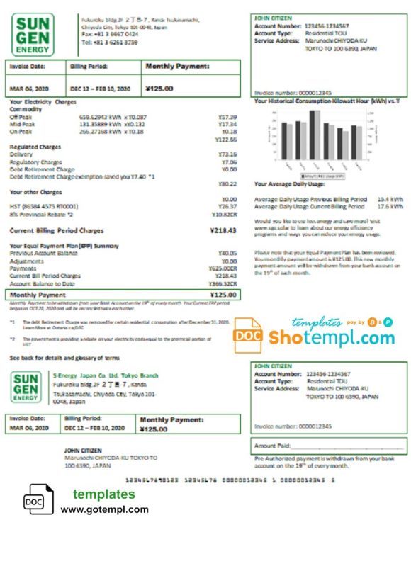 editable template, Japan S-Energy Japan Co. Ltd. Tokyo Branch utility bill template in Word and PDF format