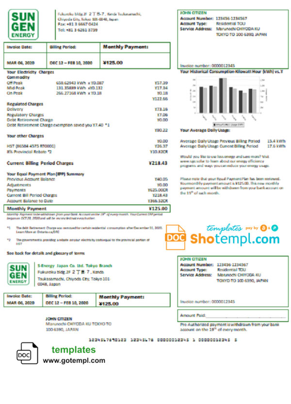 editable template, Japan S-Energy Japan Co. Ltd. Tokyo Branch utility bill template in Word and PDF format