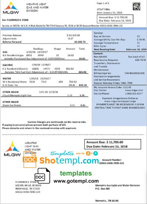 editable template, USA Tennesse MLGW utility bill template in Word and PDF format