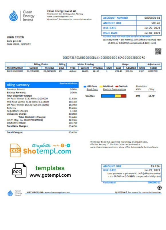 editable template, Norway Clean Energy Invest AS utility bill template in Word and PDF format, good for address prove