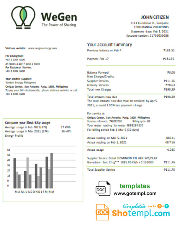 editable template, Philippines WeGen Energy Philippines utility bill template in Word and PDF format
