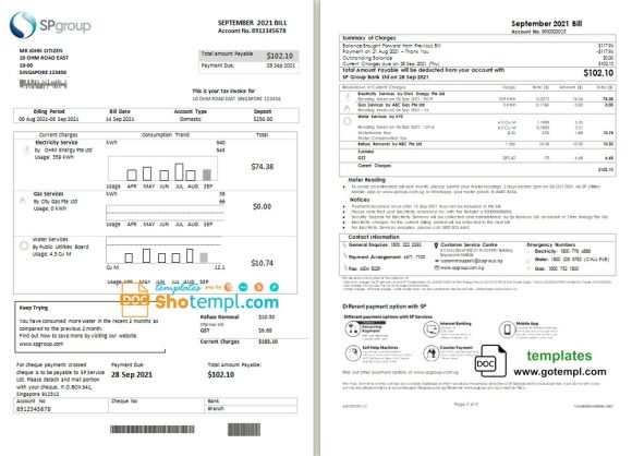 editable template, Singapore SP Group utility bill template in Word and PDF format (2 pages)