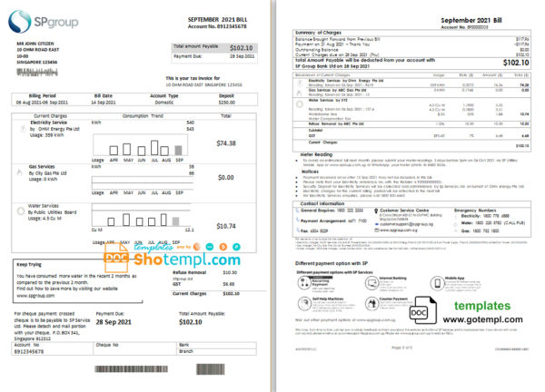 editable template, Singapore SP Group utility bill template in Word and PDF format (2 pages)