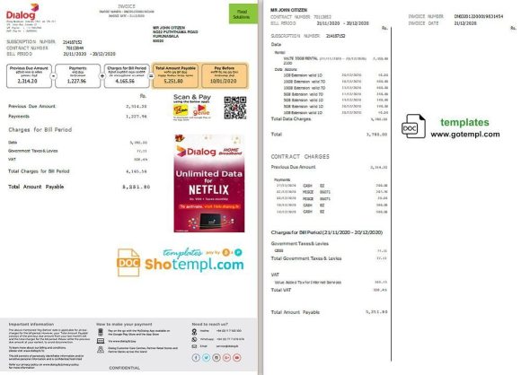 editable template, Sri Lanka Dialog utility bill template in Word and PDF format (2 pages)