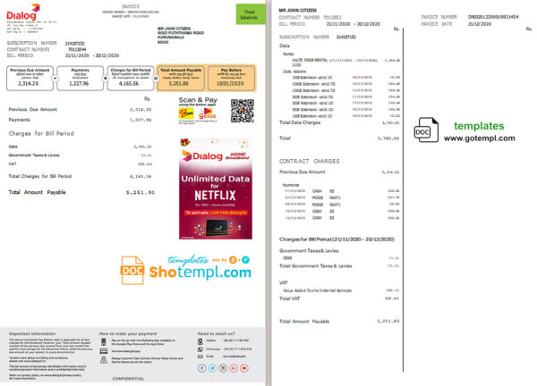 editable template, Sri Lanka Dialog utility bill template in Word and PDF format (2 pages)