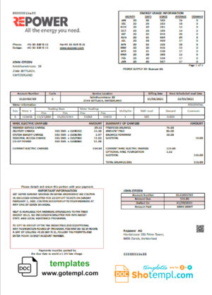 Switzerland Repower AG utility bill template, fully editable in Word and PDF format