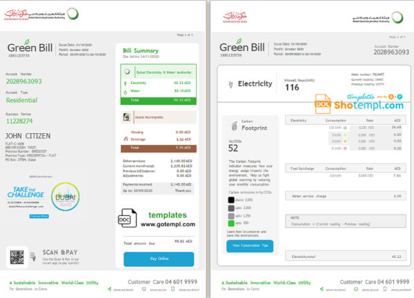 editable template, United Arab Emirates Dubai Electricity & Water Authority utility bill template in Word and PDF format (4 pages)