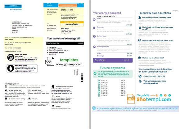 editable template, United Kingdom Yorkshire water utility bill template in Word and PDF format (2 pages)
