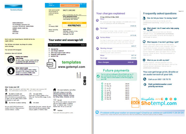 editable template, United Kingdom Yorkshire water utility bill template in Word and PDF format (2 pages)