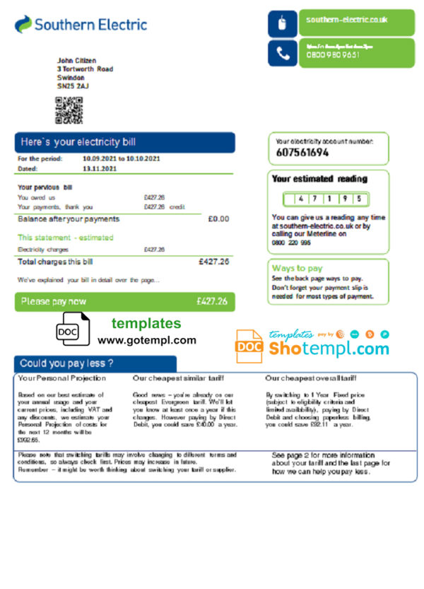 editable template, United Kingdom SSE Energy utility bill template in Word and PDF format, version 3