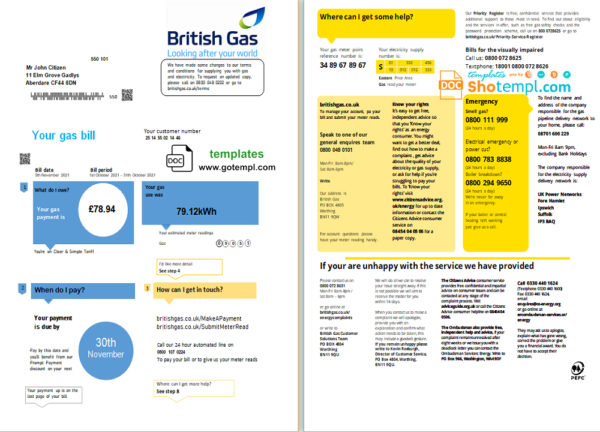 editable template, United Kingdom British Gas utility bill template in Word and PDF format fully editable (2 pages) version 1