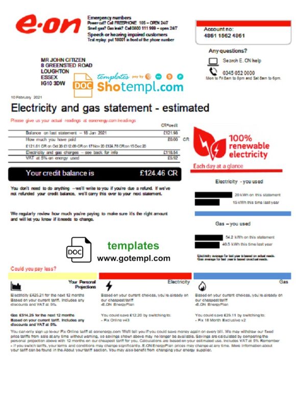 editable template, United Kingdom E.ON utility bill template in Word and PDF format, version 3