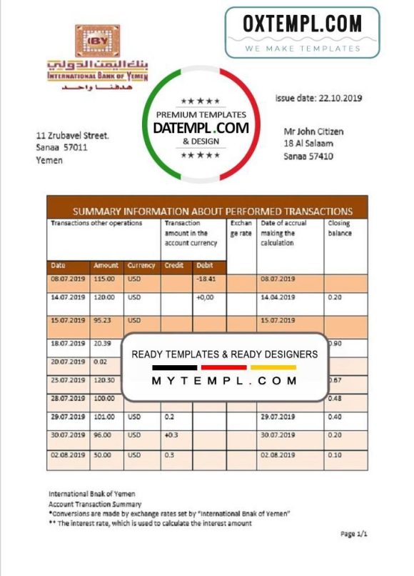 editable template, Yemen International bank of Yemen proof of address bank statement template in Word and PDF format