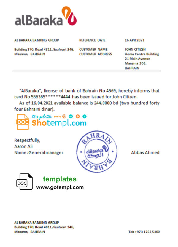 editable template, Bahrain Al Baraka bank account reference letter template in Word and PDF format