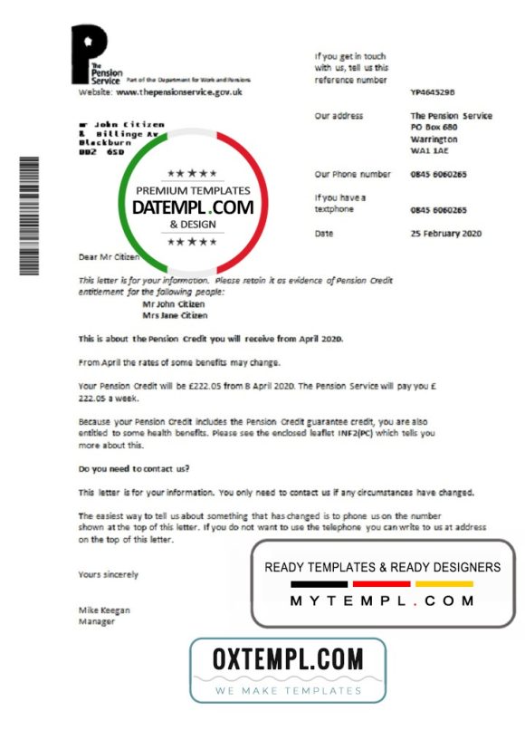 editable template, United Kingdom The Pension Service bank proof of address statement template in Word and PDF format