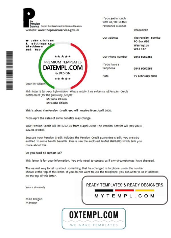 editable template, United Kingdom The Pension Service bank proof of address statement template in Word and PDF format