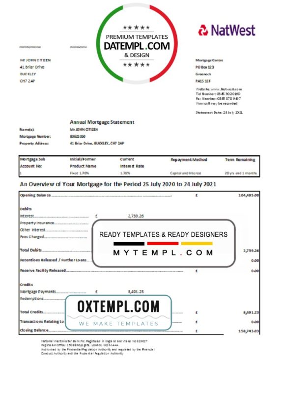 editable template, United Kingdom NatWest bank statement template in .xls and .pdf file format