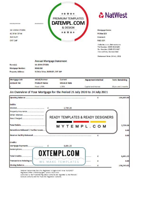 editable template, United Kingdom NatWest bank statement template in .xls and .pdf file format