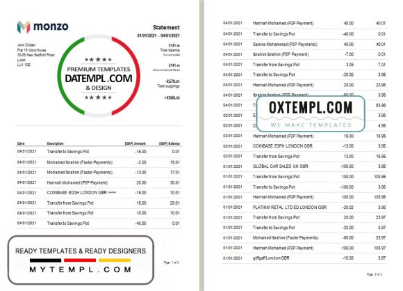 editable template, United Kingdom Monzo bank statement template in Word and PDF format (3 pages), good for address prove