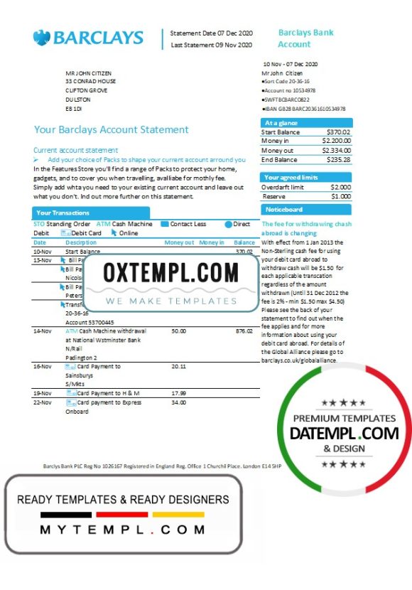 editable template, United Kingdom Barclays bank account statement template in Excel and PDF format, version 1