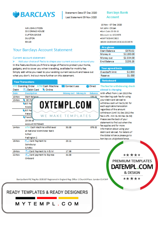 editable template, United Kingdom Barclays bank account statement template in Excel and PDF format, version 1