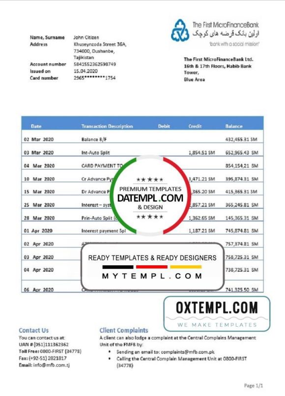 editable template, Tajikistan The First MicroFinance (FMFB) bank proof of address statement template in Word and PDF format