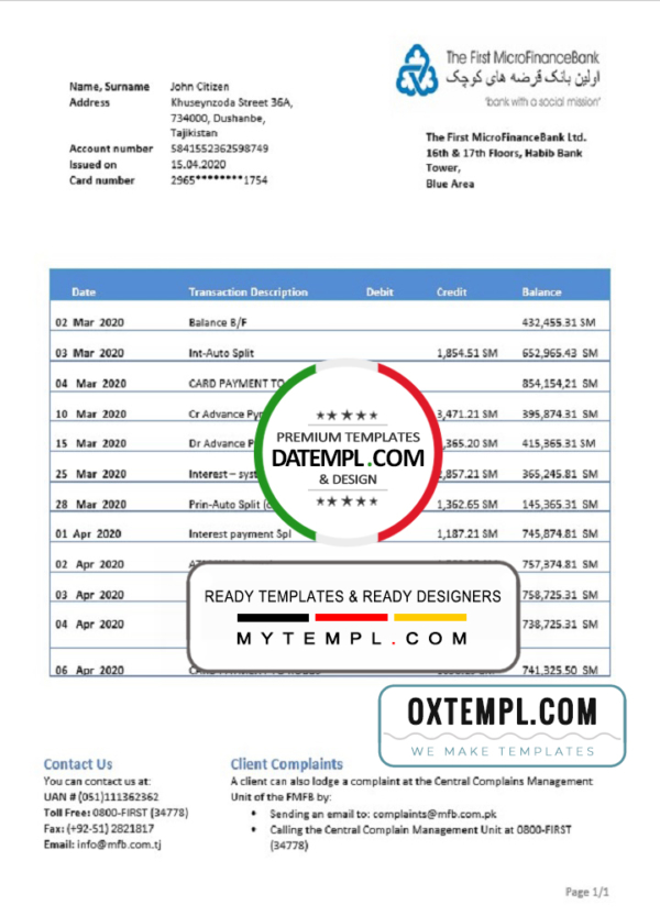 editable template, Tajikistan The First MicroFinance (FMFB) bank proof of address statement template in Word and PDF format