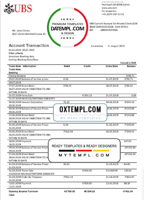 editable template, Switzerland UBS bank proof of address statement template in Word and PDF format, version 1