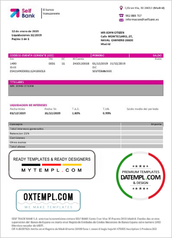 editable template, Spain Self Bank proof of address statement template in Word and PDF format, .doc and .pdf format