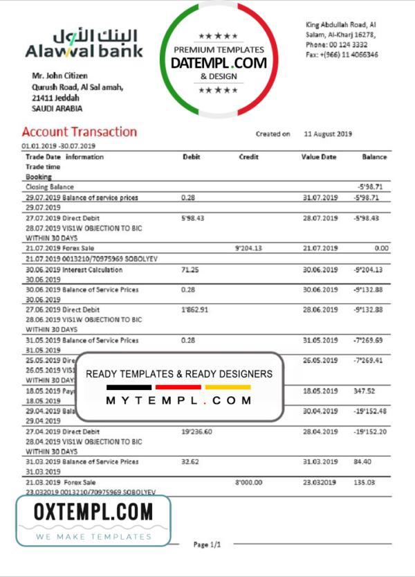 editable template, Saudi Arabia Alawwal Bank statement template in Word and PDF format, good for address prove