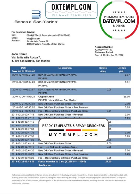 editable template, San Marino Banca di San Marino bank statement template, Word and PDF format (.doc and .pdf)
