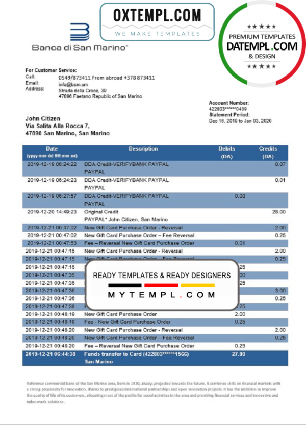 editable template, San Marino Banca di San Marino bank statement template, Word and PDF format (.doc and .pdf)