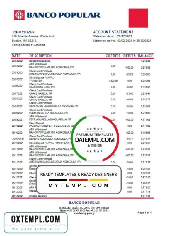 editable template, Portugal Banco Popular bank statement template in Excel and PDF format, .xls and .pdf format