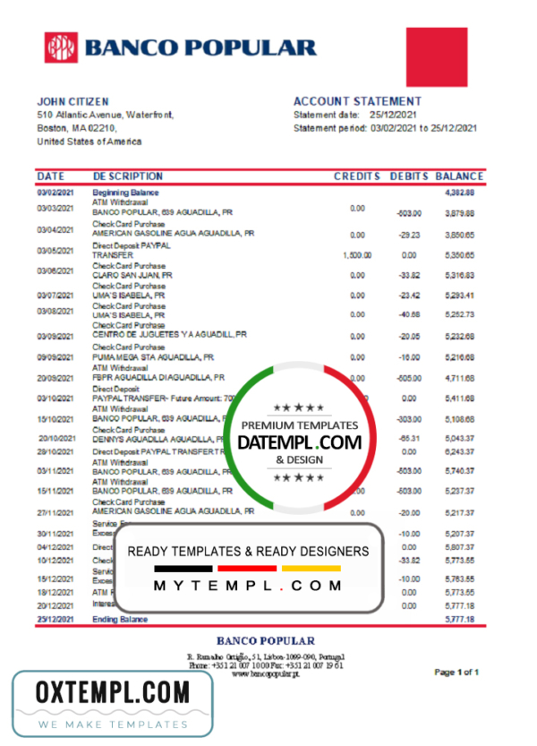 editable template, Portugal Banco Popular bank statement template in Excel and PDF format, .xls and .pdf format