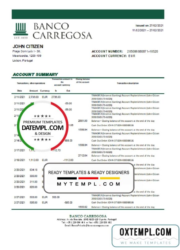 editable template, Portugal Banco Carregosa bank statement template in Excel and PDF format, .xls and .pdf format