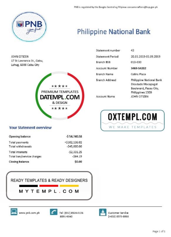 editable template, Philippines National Bank (PNB) proof of address bank statement template in Word and PDF format