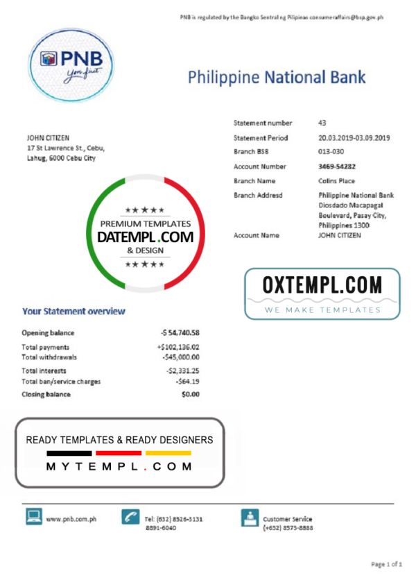 editable template, Philippines National Bank (PNB) proof of address bank statement template in Word and PDF format