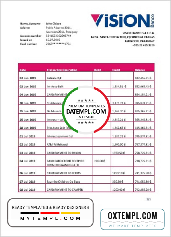 editable template, Paraguay Vision Banco bank statement template in Word and PDF format