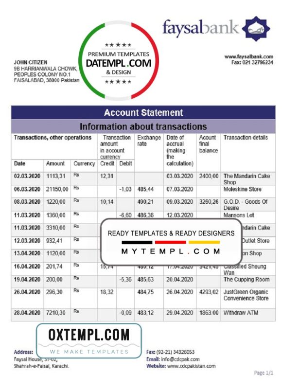 editable template, Pakistan Faysal bank statement template in Word and PDF format